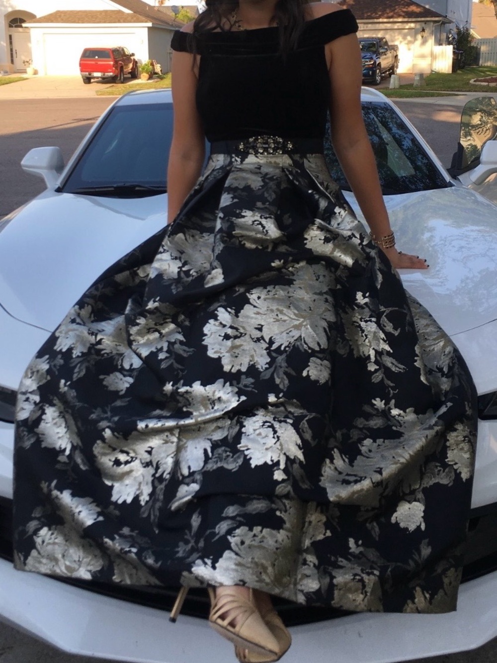 Eliza J Size 8 Black & Gold Metallic Floral Off-Shoulder Formal Dress w/ Pockets - Picture 9 of 10